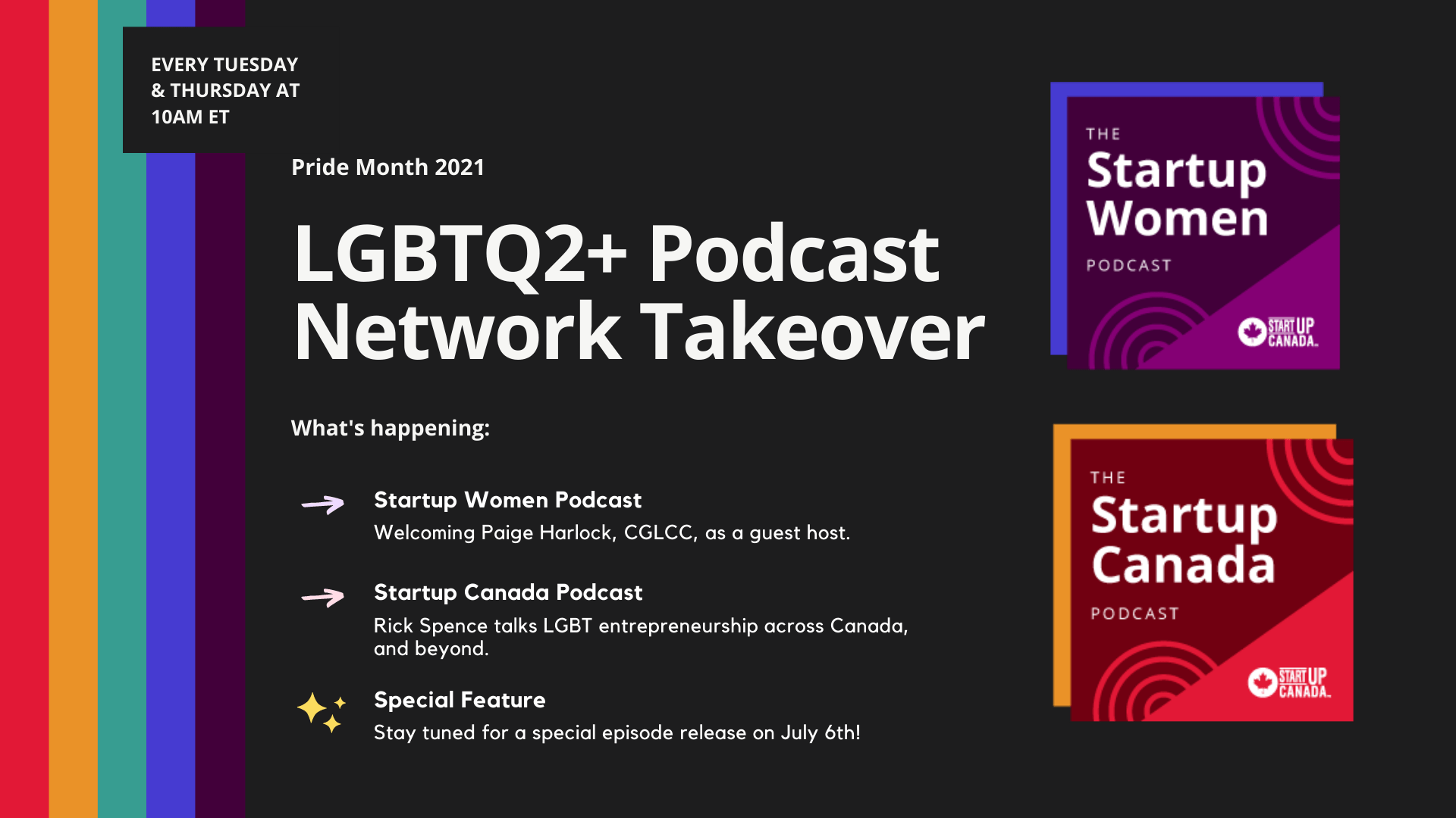 Startup Canada LGBTQ2+ Podcast Network Takeover with guest host takeover by Paige Harlock, topics covering LGBTQ2+ entrepreneurship across Canada, and a special episode on July 6!