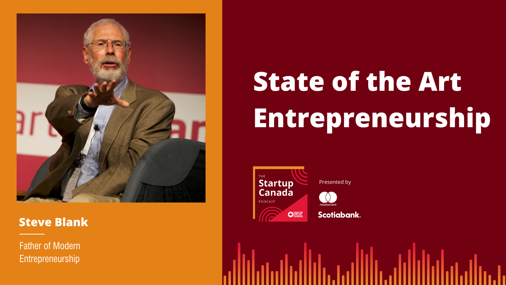 A photo of Steve Blank reaching their hand towards the camera on a red and orange background